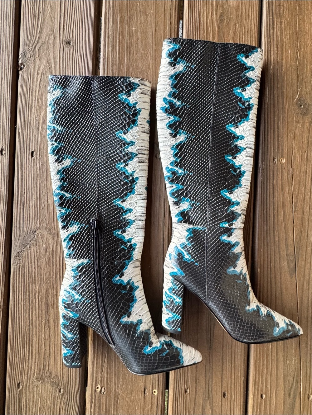 Gianni Bini Black, White and Teal Knee-High Snake-Texture Boots
